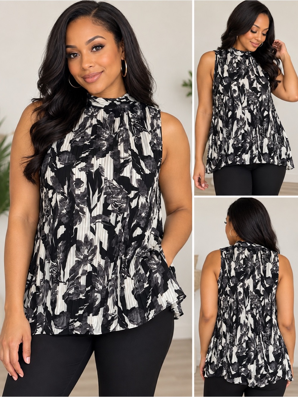 Adrianna Papell Pleated Abstract Floral Mock Neck Blouse NWT Size L